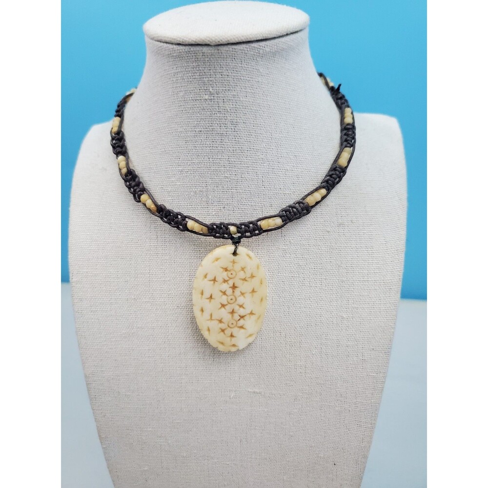 ATC Signed Boho Cord Choker Necklace Carved Oval Medallion Inlaid Star